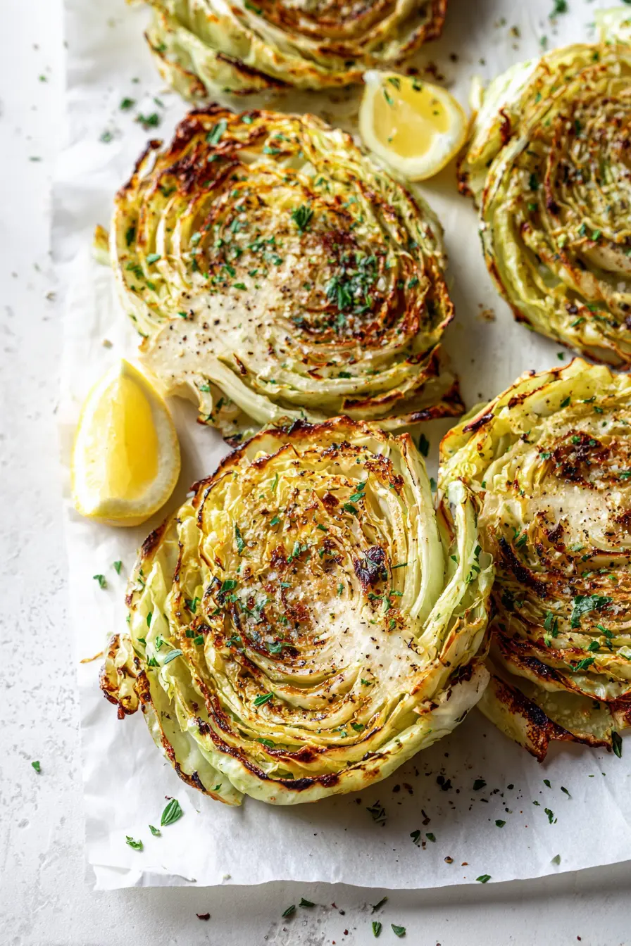 Sheet pan of Roasted Cabbage Steaks with crispy caramelized edges and herbs on white marble.