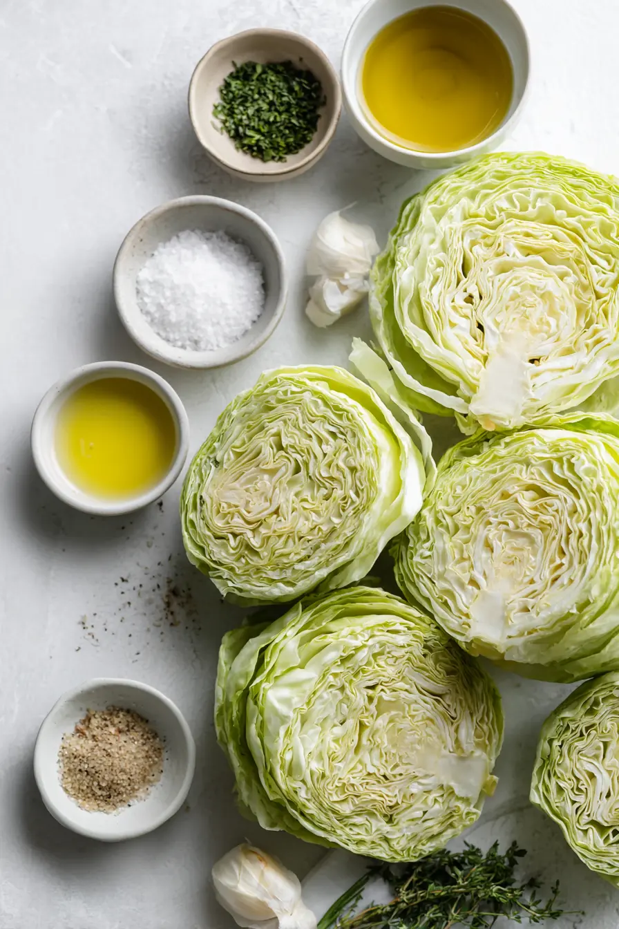 Ultra-Crispy Roasted Cabbage Steaks (Cozy, Budget-Friendly, Weeknight Easy) 2 Flat lay of cabbage rounds, olive oil, seasonings, and herbs arranged neatly on a white marble surface for roasted cabbage steaks.