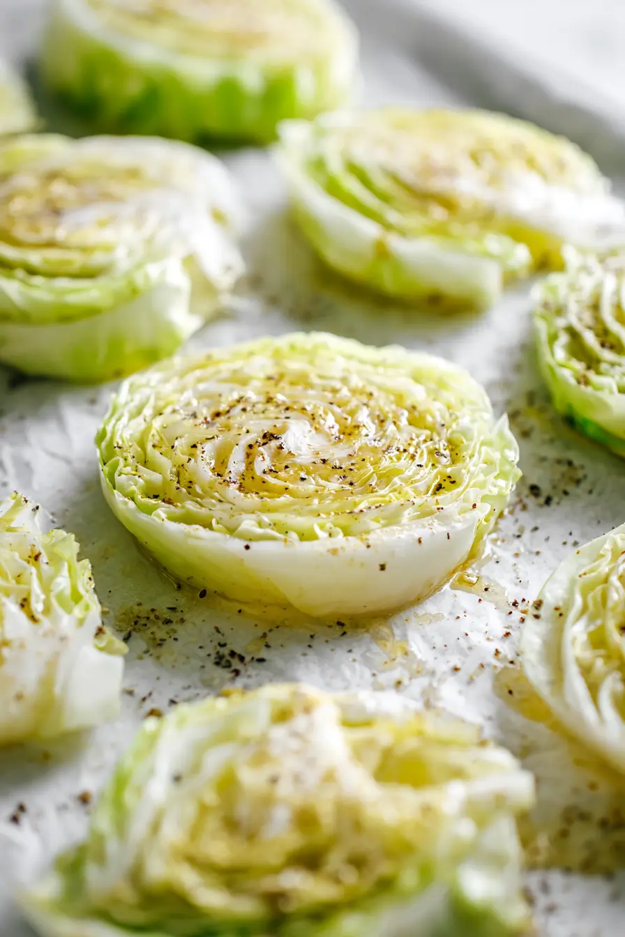 Ultra-Crispy Roasted Cabbage Steaks (Cozy, Budget-Friendly, Weeknight Easy) 3 Seasoned raw cabbage rounds arranged on a parchment-lined sheet pan over white marble, ready to roast into roasted cabbage steaks.
