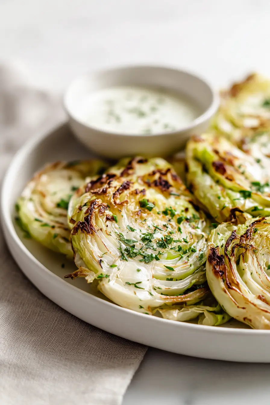Ultra-Crispy Roasted Cabbage Steaks (Cozy, Budget-Friendly, Weeknight Easy) 4 Plated roasted cabbage steaks with caramelized edges and herbs beside a small bowl of creamy sauce on white marble.