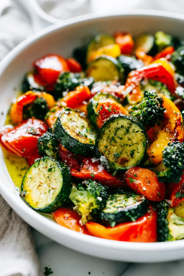Colorful sauteed vegetables in a white skillet on white marble, glistening with olive oil and herbs.