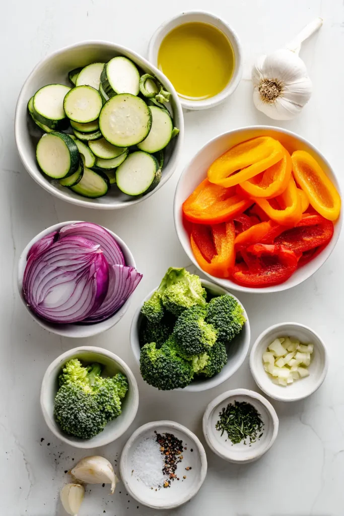 15-Minute Tender-Crisp Sautéed Veggie Skillet 2 Overhead view of sliced vegetables, garlic, oil, and seasonings arranged in white bowls for making sauteed vegetables.