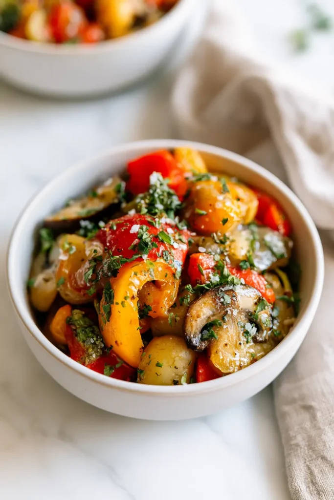 15-Minute Tender-Crisp Sautéed Veggie Skillet 4 White bowl filled with colorful sauteed vegetables topped with fresh herbs, ready to serve.