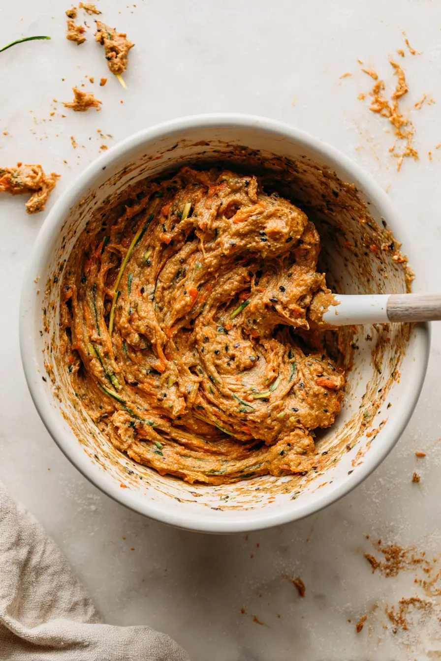 Spiced Zucchini Sweet Potato Cake (Moist, Maple-Sweetened, Cozy) 3 White bowl filled with thick, speckled batter for Spiced Zucchini Sweet Potato Cake on a white marble surface.