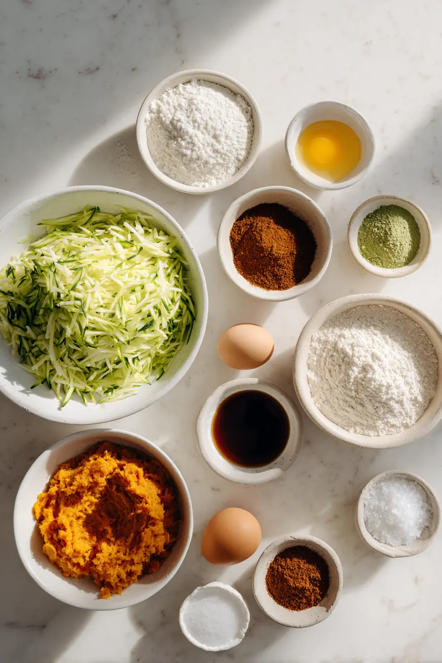 Spiced Zucchini Sweet Potato Cake (Moist, Maple-Sweetened, Cozy) 2 Overhead view of ingredients for Spiced Zucchini Sweet Potato Cake arranged in white bowls on a white marble surface.