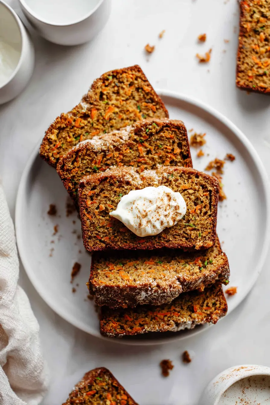 Spiced Zucchini Sweet Potato Cake (Moist, Maple-Sweetened, Cozy) 4 Overhead view of sliced Spiced Zucchini Sweet Potato Cake arranged on a white plate with crumbs on white marble.