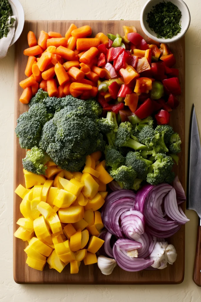 15-Minute Tender-Crisp Sautéed Veggie Skillet 3 Chopped broccoli, carrots, peppers, squash, onion, and garlic arranged by type on a cutting board with herbs.