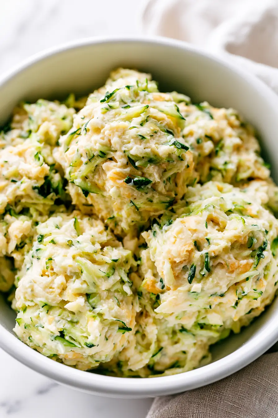 Cozy Zucchini Cheddar Scones with Golden-Crisp Edges 3 Close-up of shaggy Zucchini Cheddar Scones dough in a white bowl with visible zucchini strands and cheddar pieces.