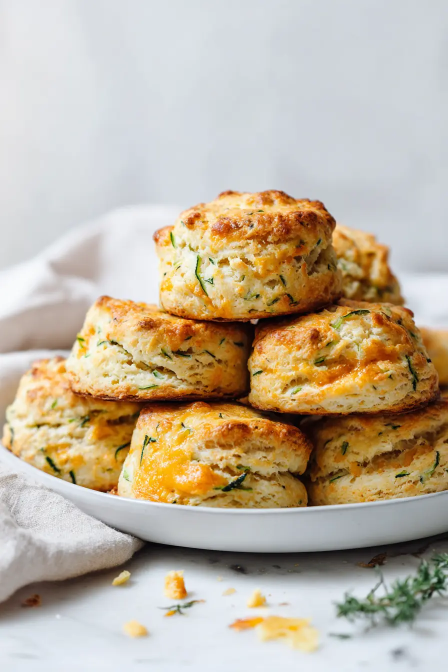 Golden-brown Zucchini Cheddar Scones stacked on a white plate, showing flaky layers, cheddar pockets, and green zucchini flecks.