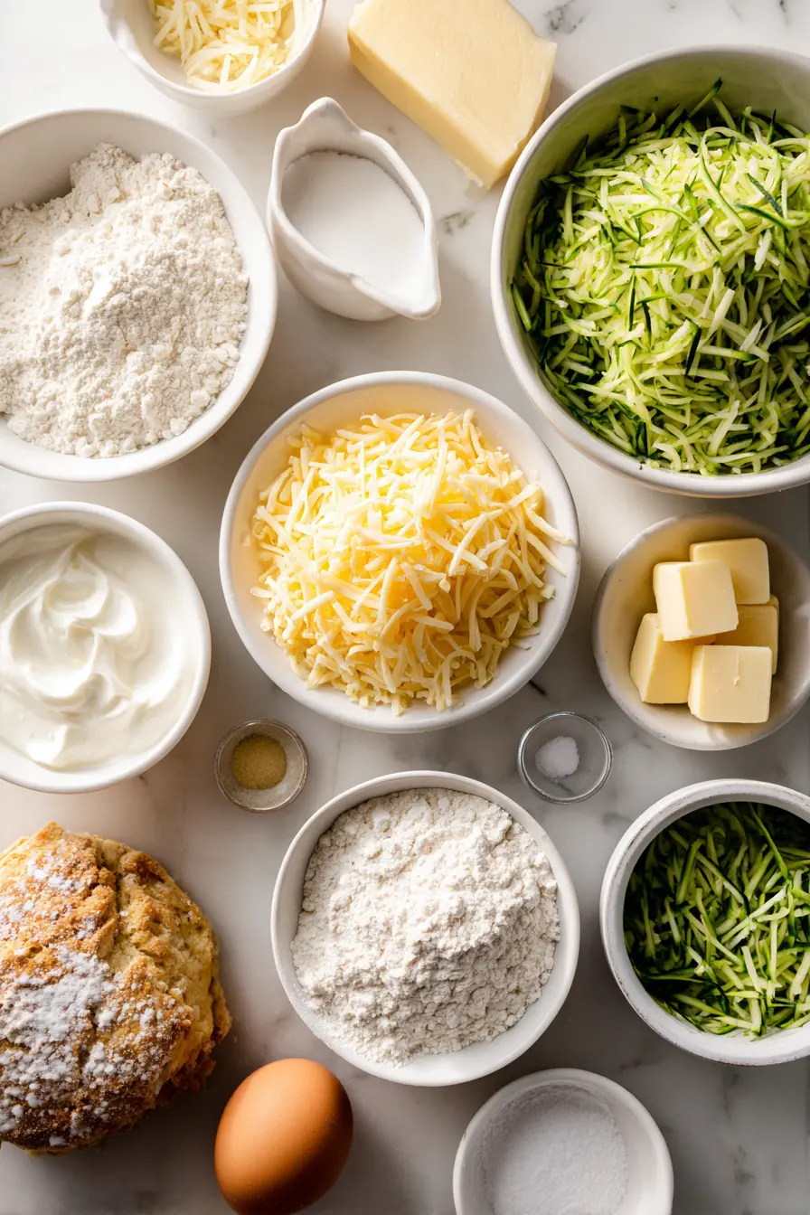 Cozy Zucchini Cheddar Scones with Golden-Crisp Edges 2 Overhead shot of ingredients for Zucchini Cheddar Scones arranged on a white marble surface in small bowls and dishes.