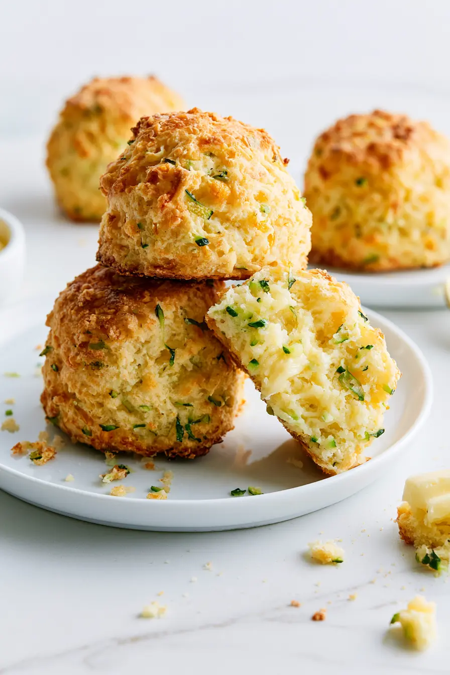 Cozy Zucchini Cheddar Scones with Golden-Crisp Edges 4 White plate with Zucchini Cheddar Scones, one split open to show the soft, cheesy interior with green zucchini flecks.