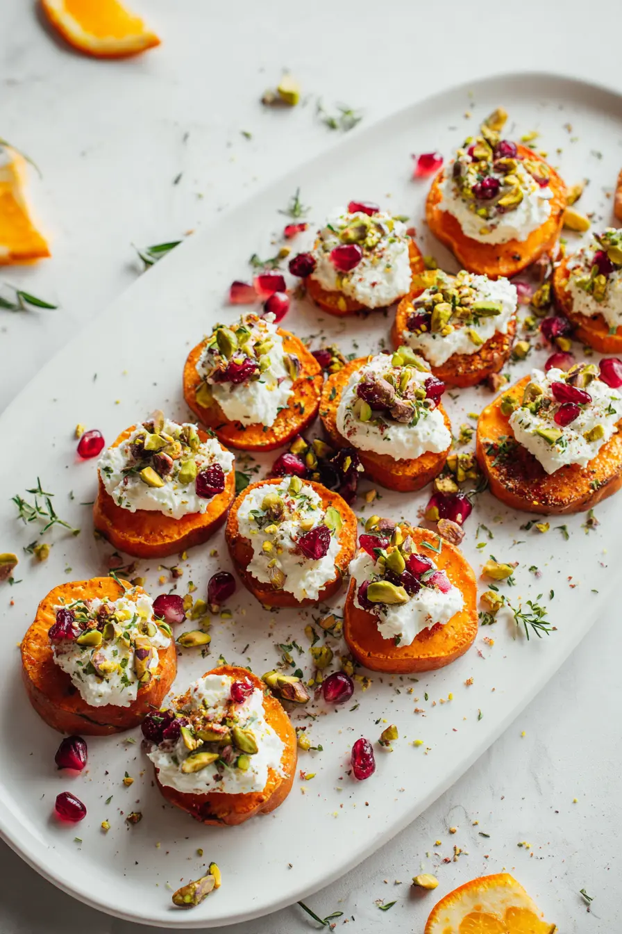 Overhead view of roasted sweet potato rounds with whipped feta cranberry pistachio arranged on a white platter with herbs and citrus.