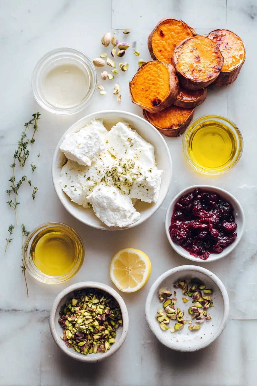 Caramelized Sweet Potato Rounds with Whipped Feta, Cranberry & Pistachio 2 Overhead shot of ingredients for roasted sweet potato rounds with whipped feta cranberry pistachio arranged in small bowls on white marble.