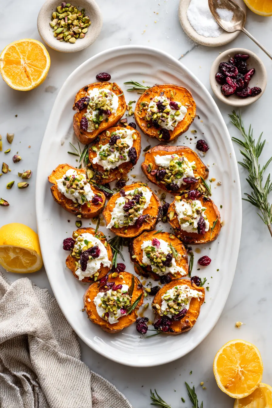 Caramelized Sweet Potato Rounds with Whipped Feta, Cranberry & Pistachio 4 White platter piled with roasted sweet potato rounds with whipped feta cranberry pistachio on a bright marble table with herbs and citrus.