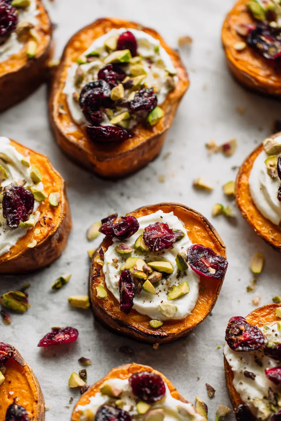 Caramelized Sweet Potato Rounds with Whipped Feta, Cranberry & Pistachio 3 Close-up of roasted sweet potato rounds with whipped feta cranberry pistachio being assembled on a parchment-lined pan.
