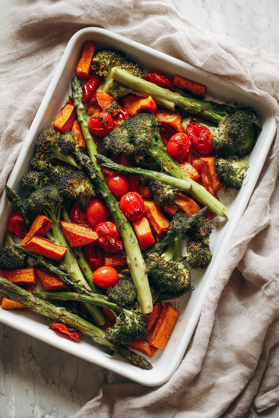 Overhead view of Sheet Pan Roasted Vegetables with sweet potatoes, broccoli, asparagus, and cherry tomatoes roasted on a white pan until caramelized and golden.