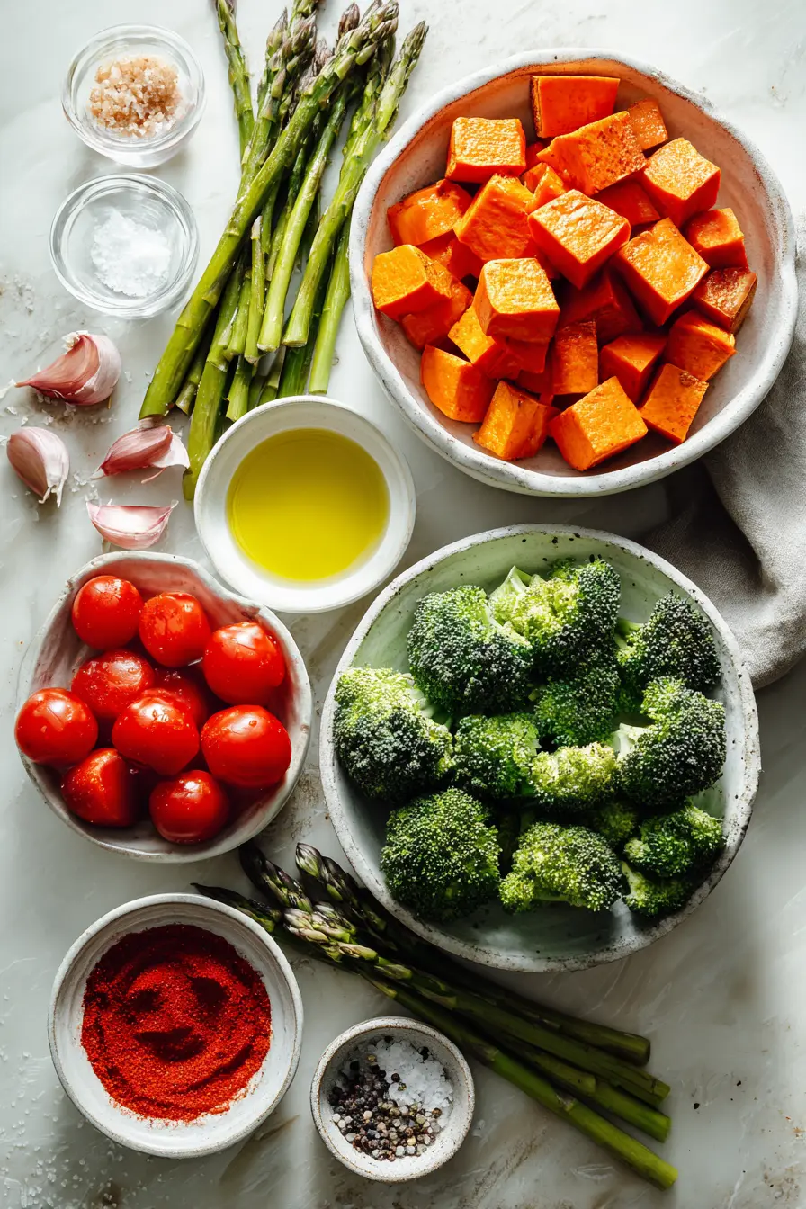 Sheet Pan Roasted Vegetables with Crispy Edges & Tender Centers 2 Overhead flat lay of ingredients for Sheet Pan Roasted Vegetables including chopped sweet potatoes, broccoli, asparagus, cherry tomatoes, olive oil, and spices on white marble.