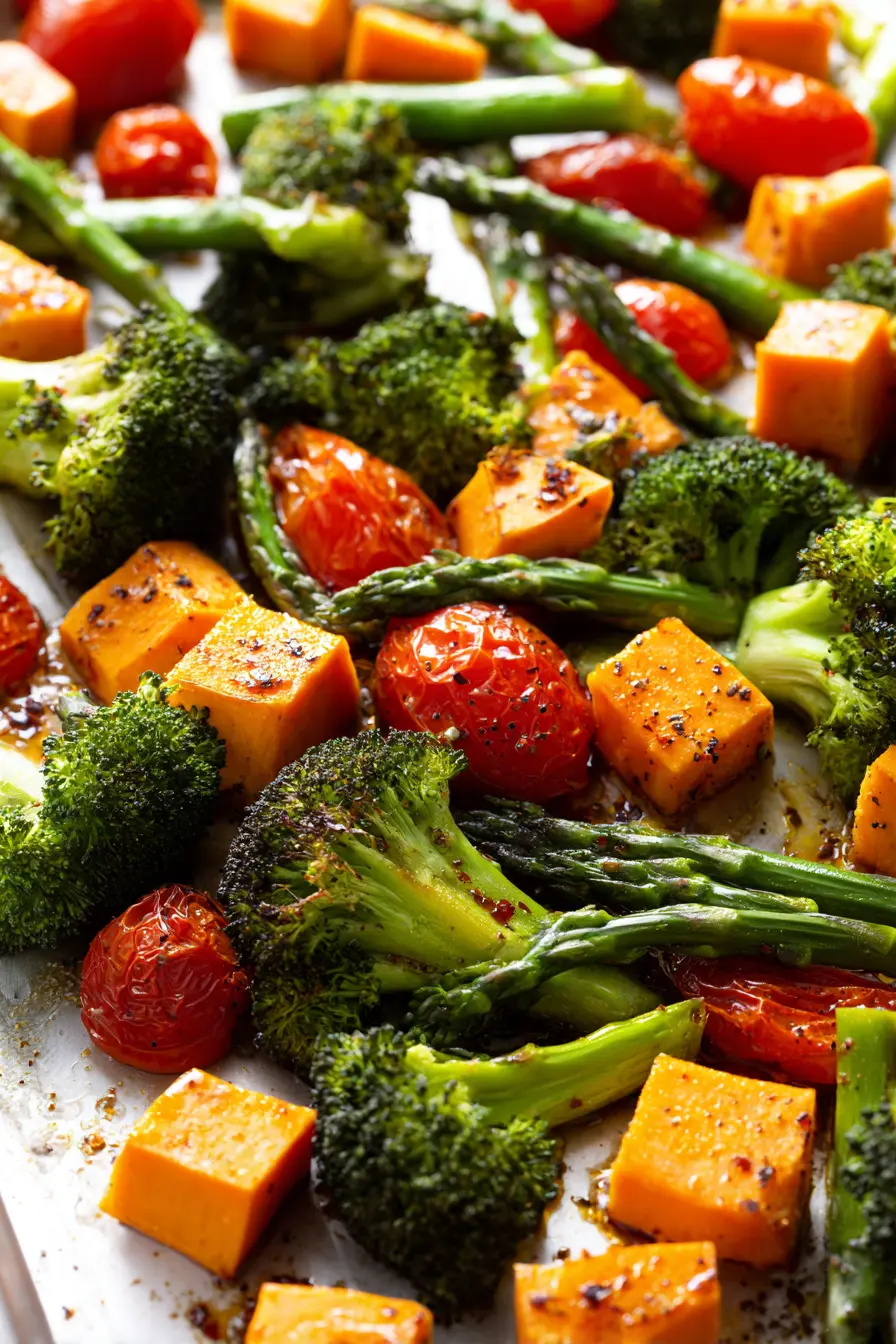 Sheet Pan Roasted Vegetables with Crispy Edges & Tender Centers 3 Close-up of seasoned sweet potatoes, broccoli, asparagus, and cherry tomatoes spread on a white sheet pan for Sheet Pan Roasted Vegetables before roasting.