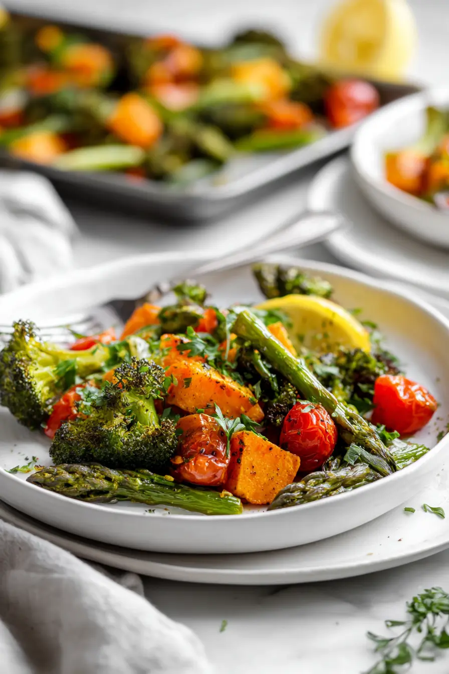 Sheet Pan Roasted Vegetables with Crispy Edges & Tender Centers 4 Shallow white bowl filled with Sheet Pan Roasted Vegetables topped with fresh herbs and lemon, with the full roasting pan blurred in the background.